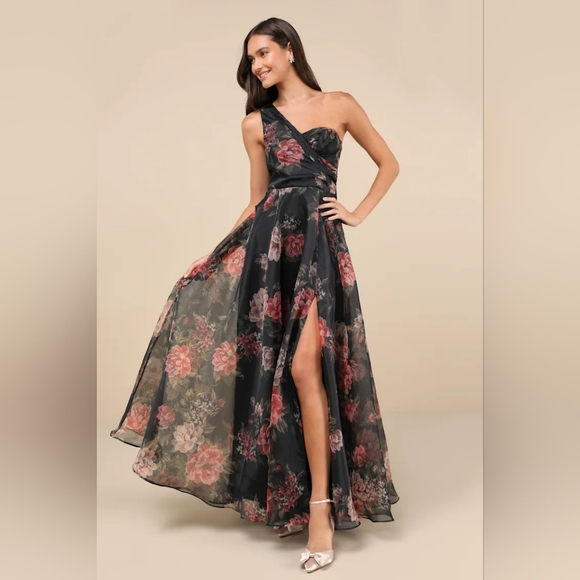 Lulus Truly Extraordinary Black Floral Organza One-Shoulder Maxi Dress S Wedding - Picture 2 of 11